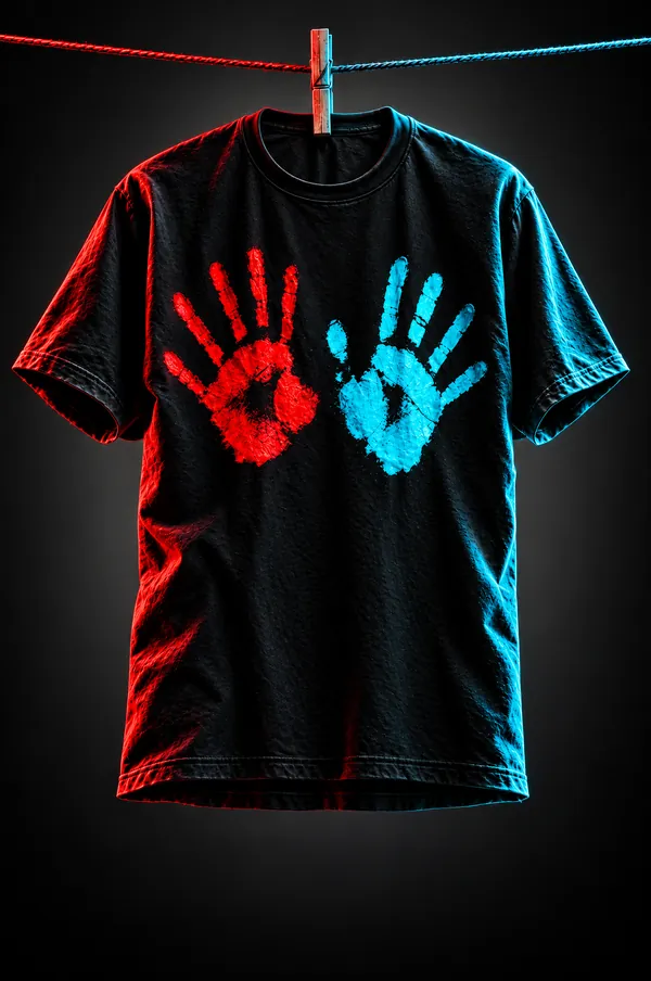Una camiseta negra colgada de una cuerda con dos manos pintadas, una roja y otra cian
