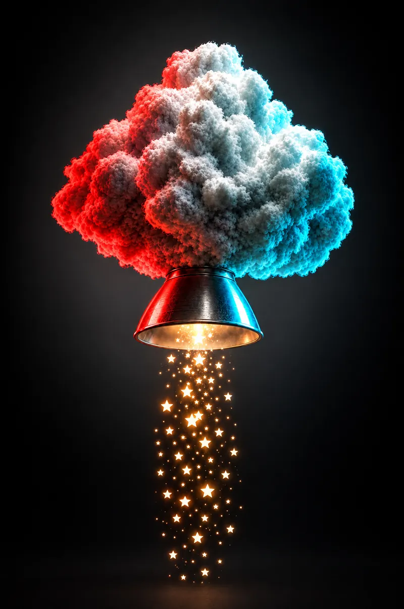 Una nube de algodón sobre un cubo volcado del que cae una lluvia de estrellas