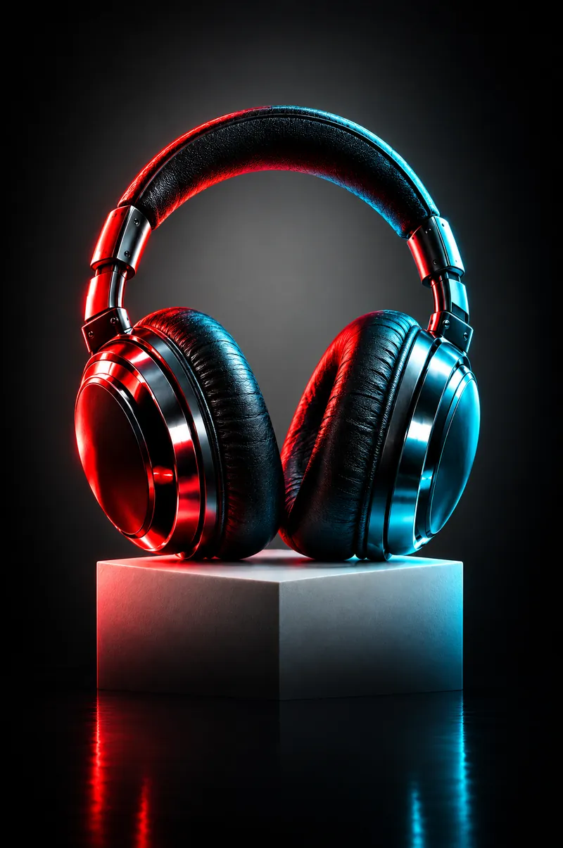 Unos auriculares de diadema apoyados sobre una peana blanca