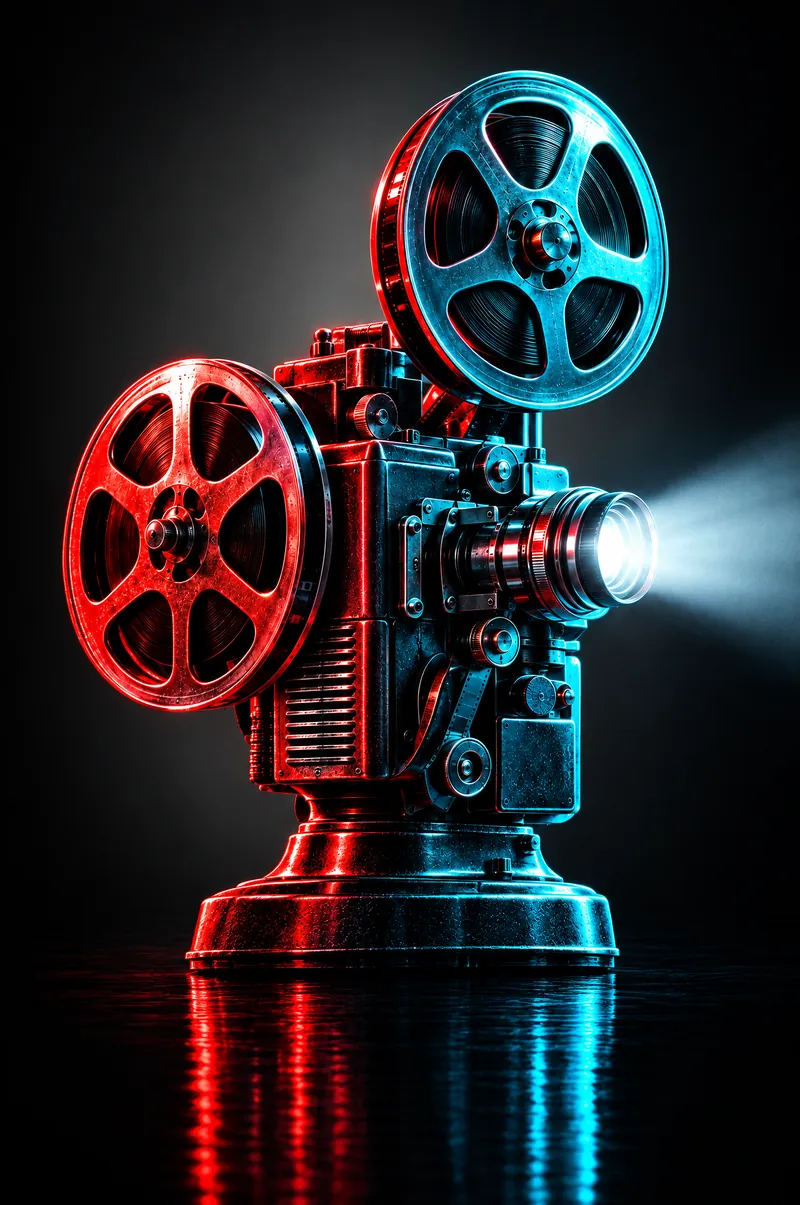 Un proyector de cine antiguo con sus dos bobinas, encendido