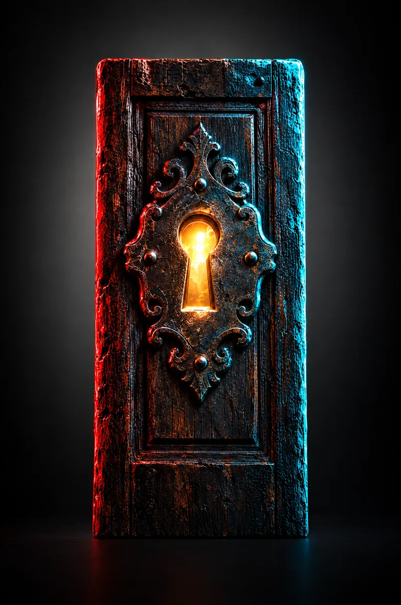 Una puerta de madera cerrada con una cerradura por la que se escapa luz cálida