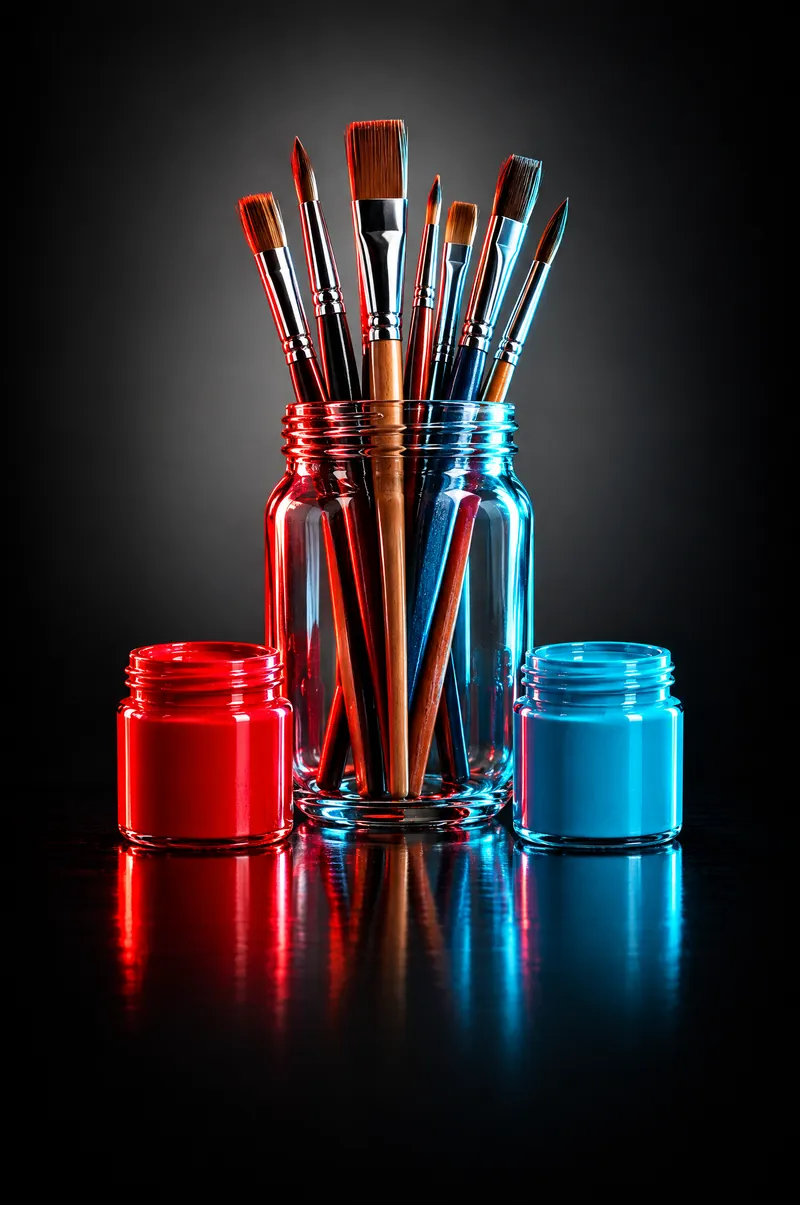 Un bote de cristal con pinceles entre dos tarros de pintura, uno rojo y otro cian