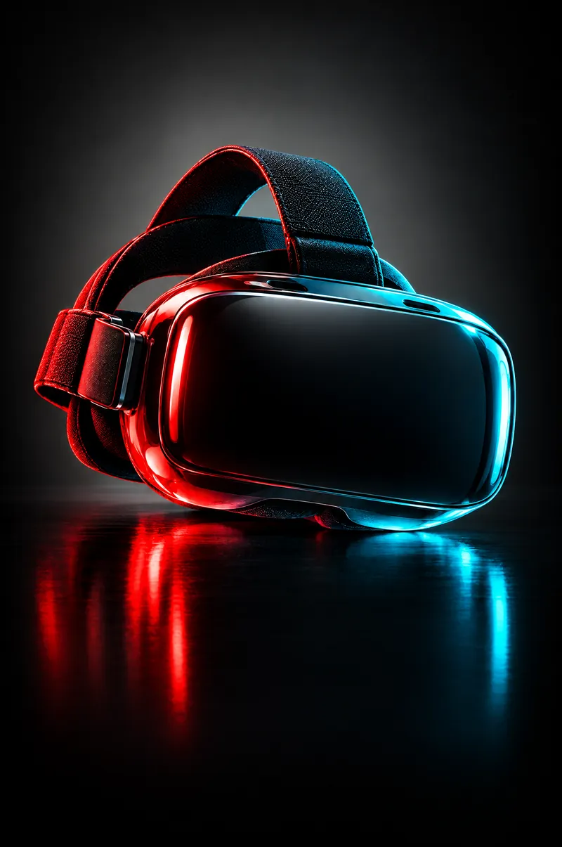 Unas gafas de realidad virtual negras con reflejos rojos y cian