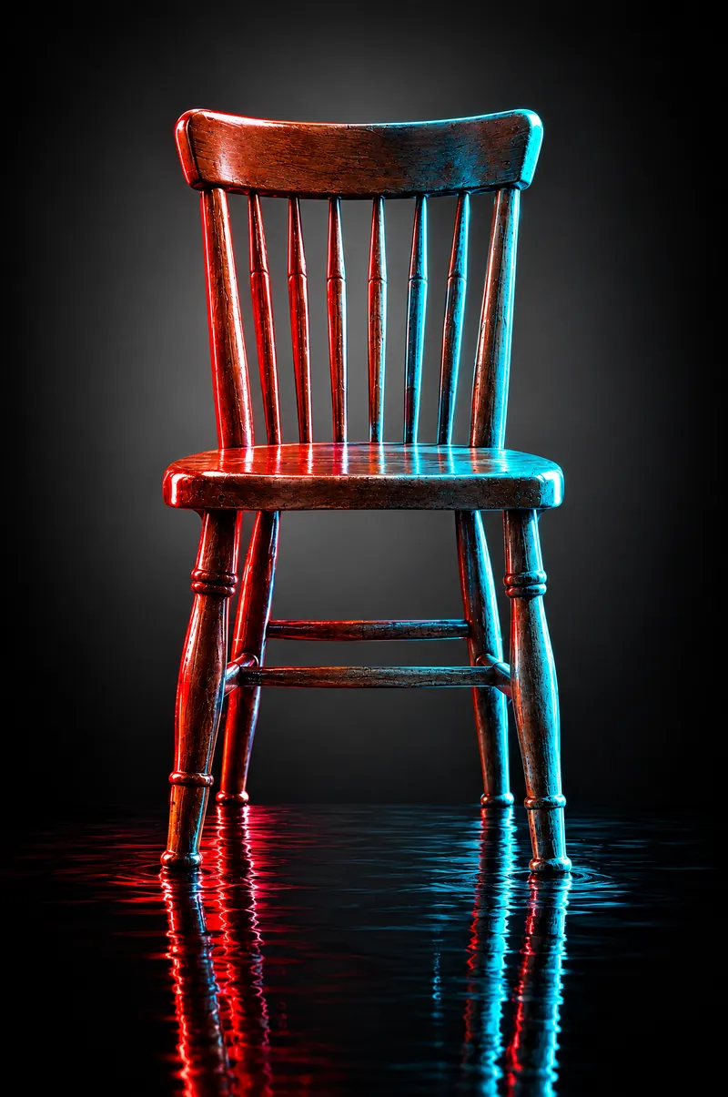 Una silla de madera de respaldo de barrotes sobre un suelo que la refleja, iluminada en rojo y cian